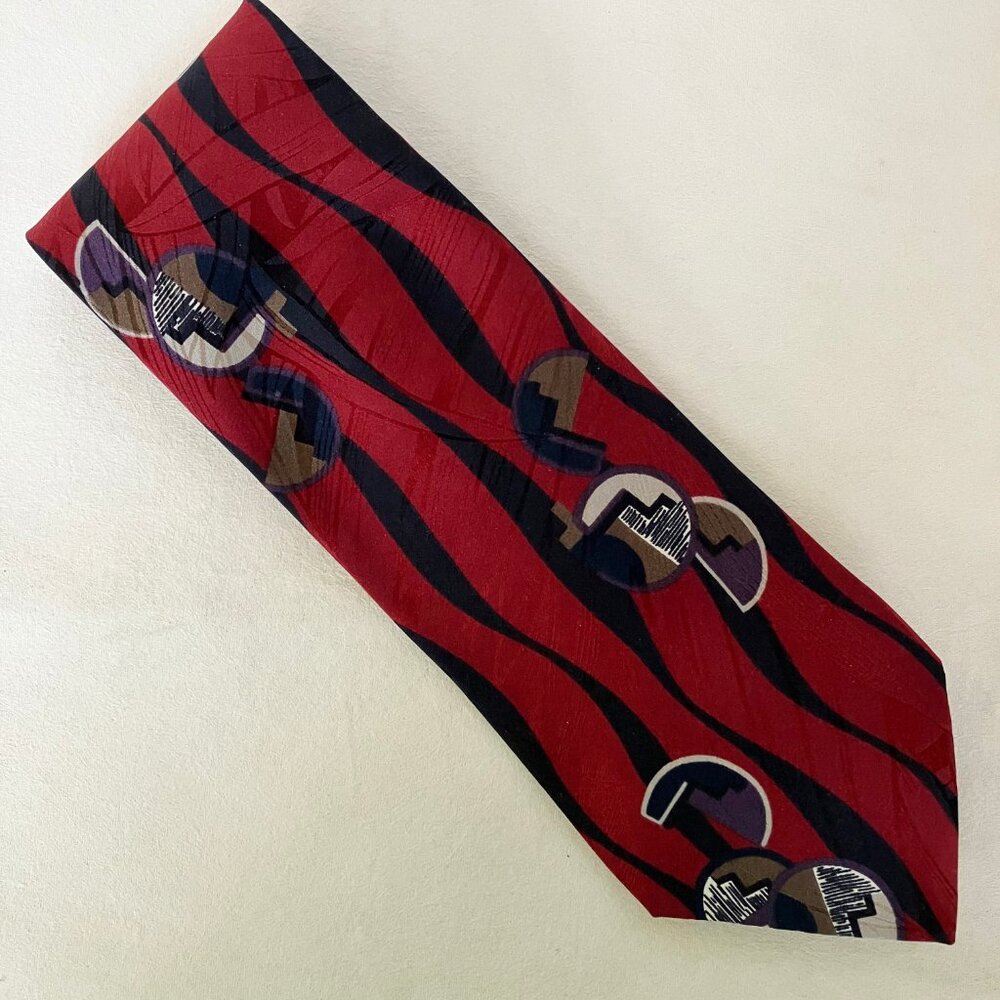 Zylos George Machado Neck Tie Red Black 100% Italian Silk Men Abstract Geometric
